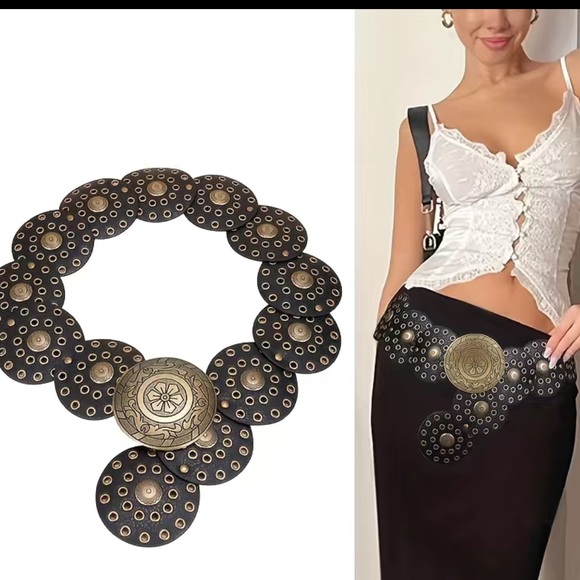 Round Boho Western BELT Medallion Dark Brown or Black Concho Disc PU Leather - Picture 2 of 10